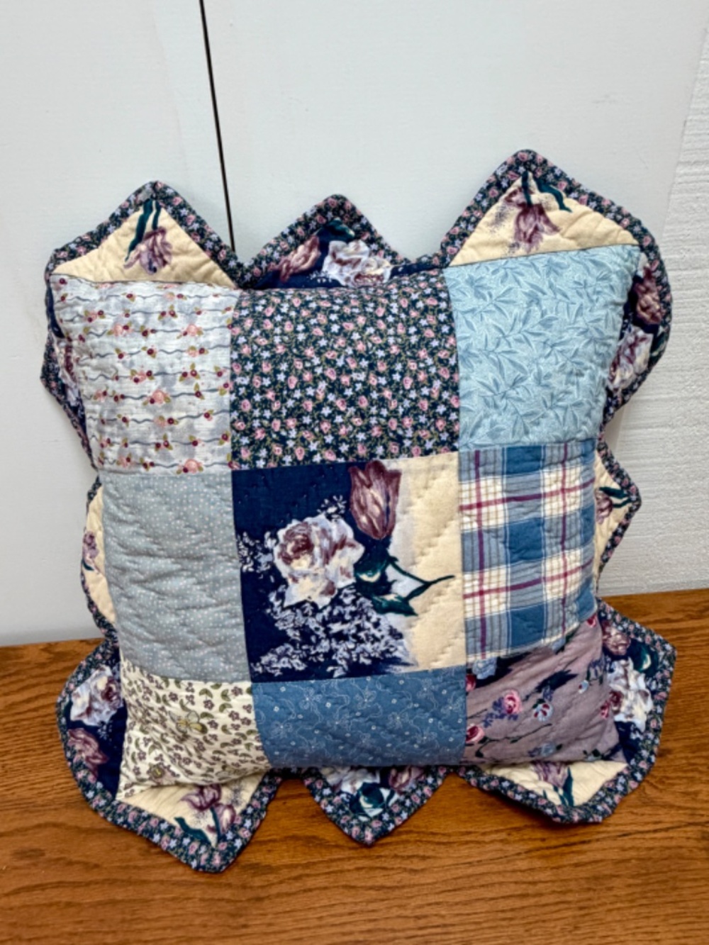 Handmade Patchwork Quilted Pillow | Scalloped Edge Throw Pillow | 14x14